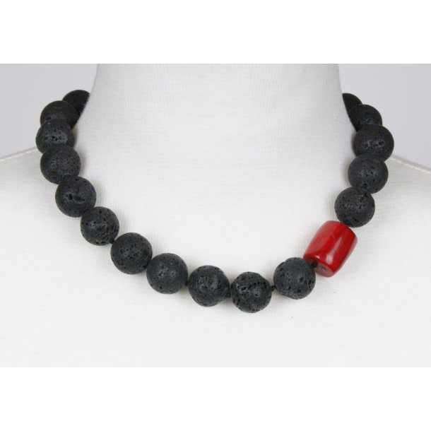 Lava 16 mm necklace w/16 mm 1 red coral